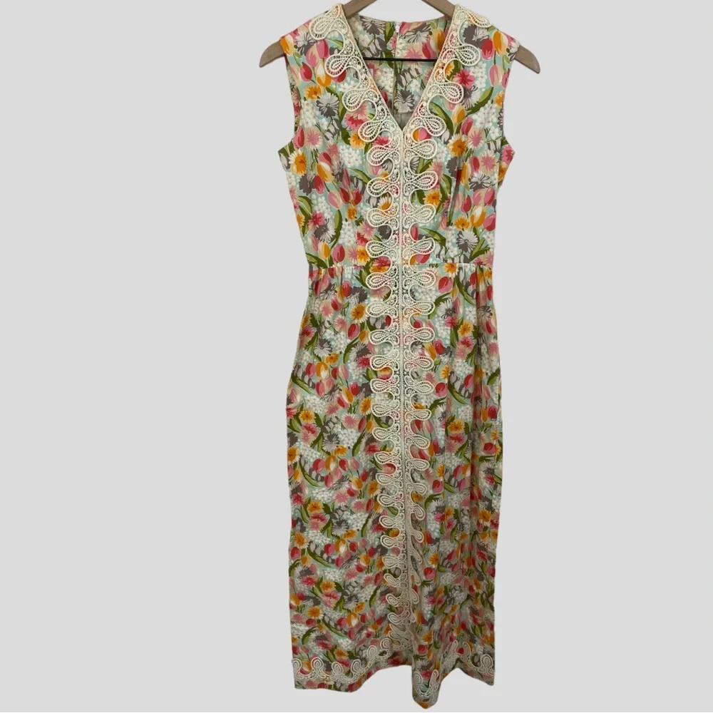 Vintage 60s Multicolor Floral Appliqué Maxi Dress Small - Picture 2 of 7